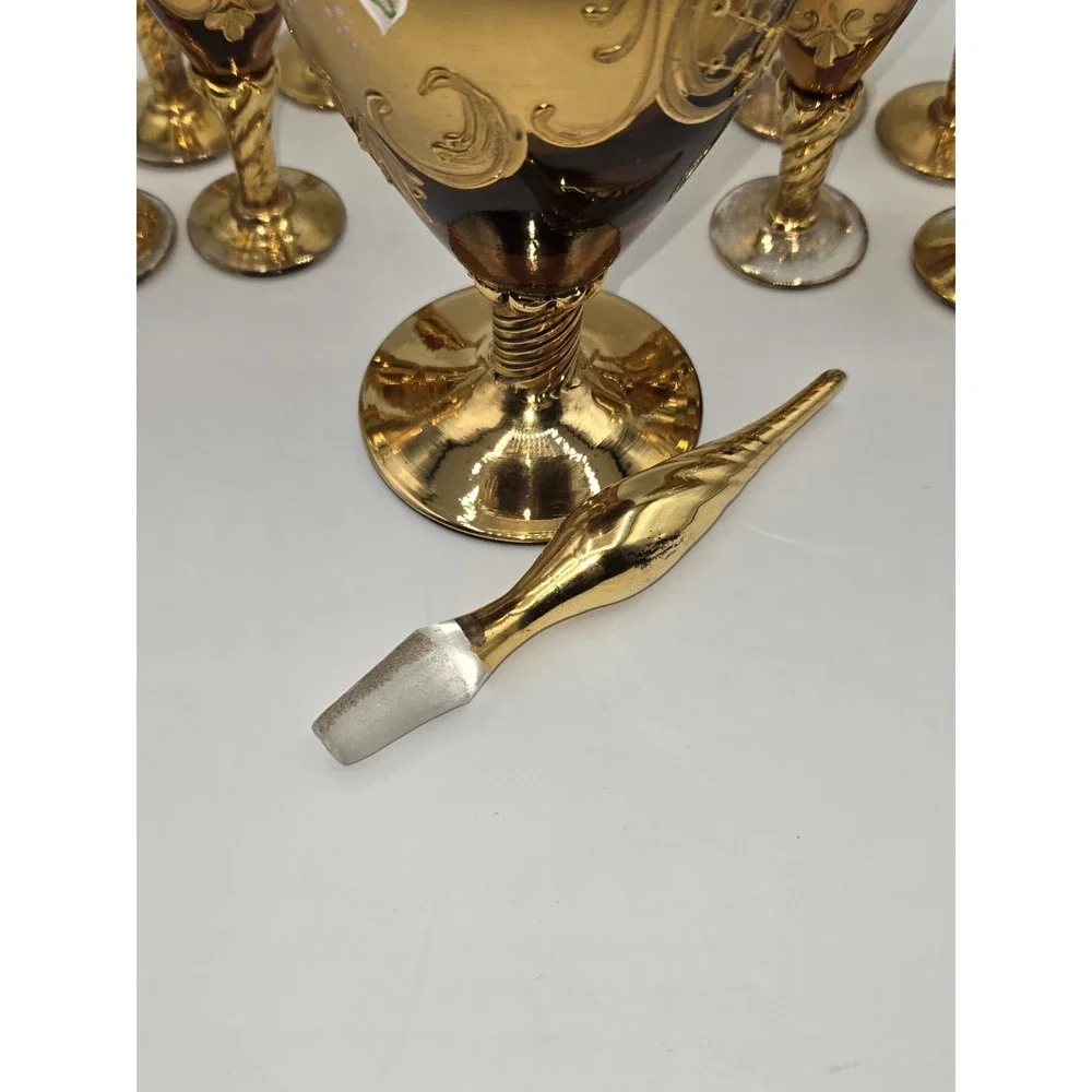 Vintage‎ Italian Venetian Gilt Glass Liquor Decanter Set Enamel Cordial Glasses